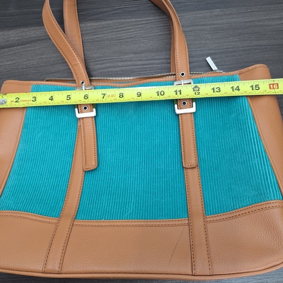Bath & Body Works Teal Corduroy Tan Faux Leather Tote Shoulder Bag Buckle Accent - Picture 13 of 15